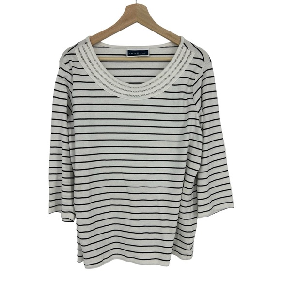 Karen Scott Lattice-Neck Black White Stripe 3/4 Sleeve Top - Picture 1 of 5